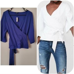 NWT Express Wrap Top Blue Tie Waist Kimono Sleeve Blouse